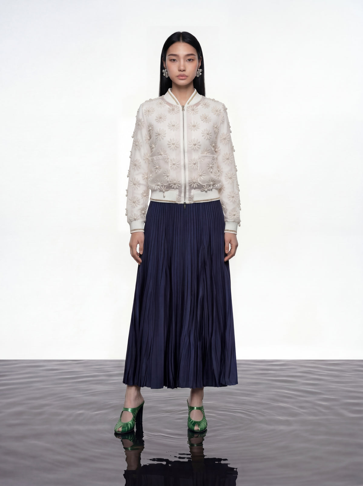 Ivory Daisy Sheer Pearl Bomber Jacket