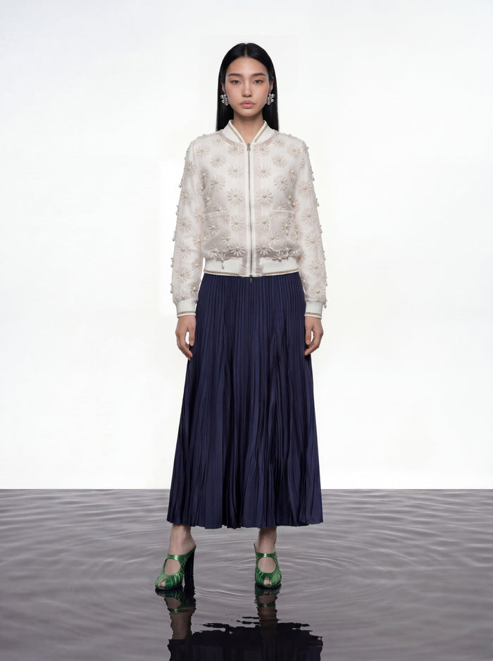Ivory Daisy Sheer Pearl Bomber Jacket