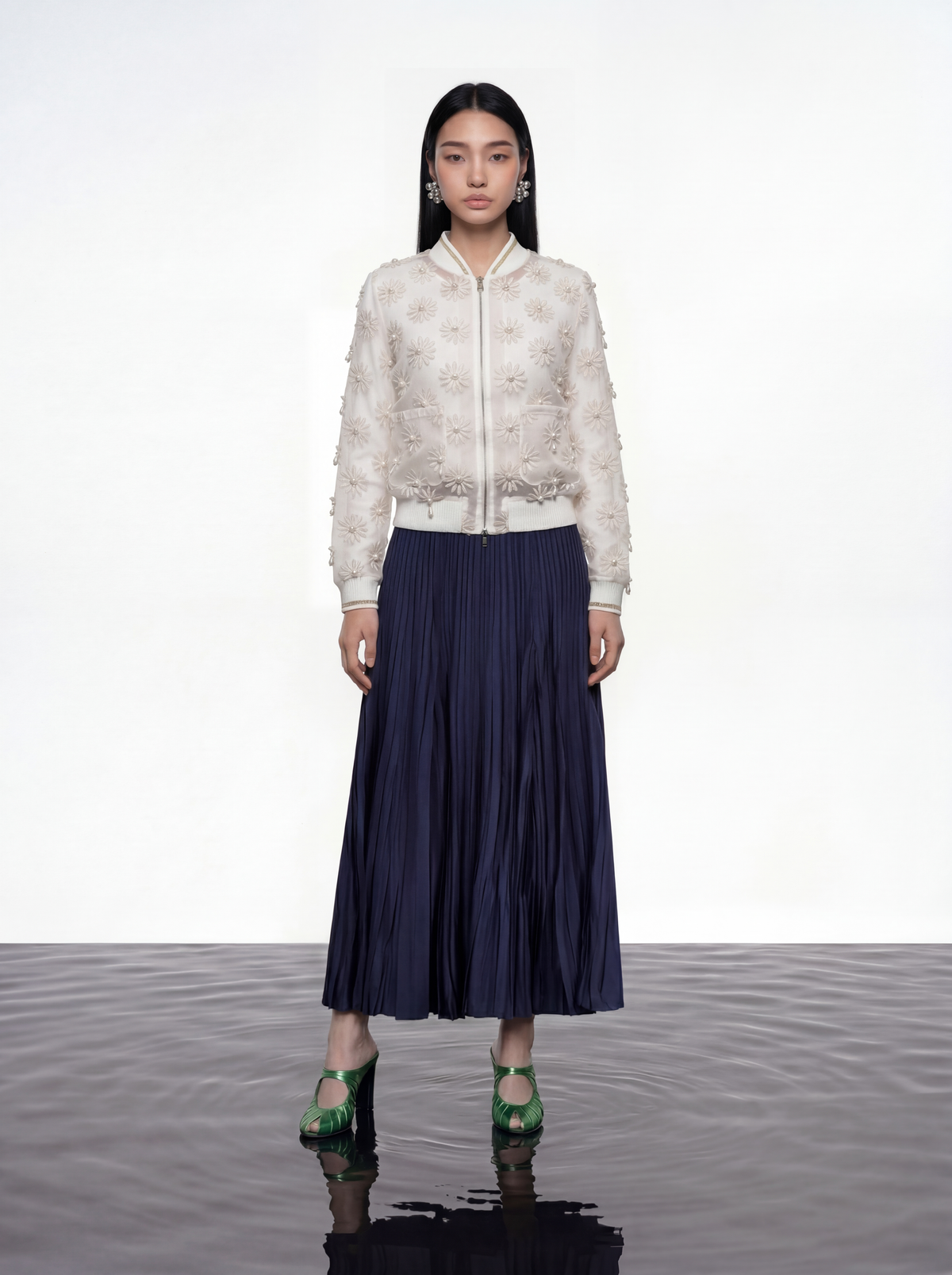 Ivory Daisy Sheer Pearl Bomber Jacket