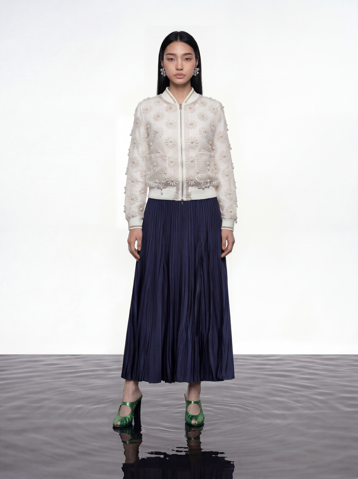 Ivory Daisy Sheer Bomber Jacket
