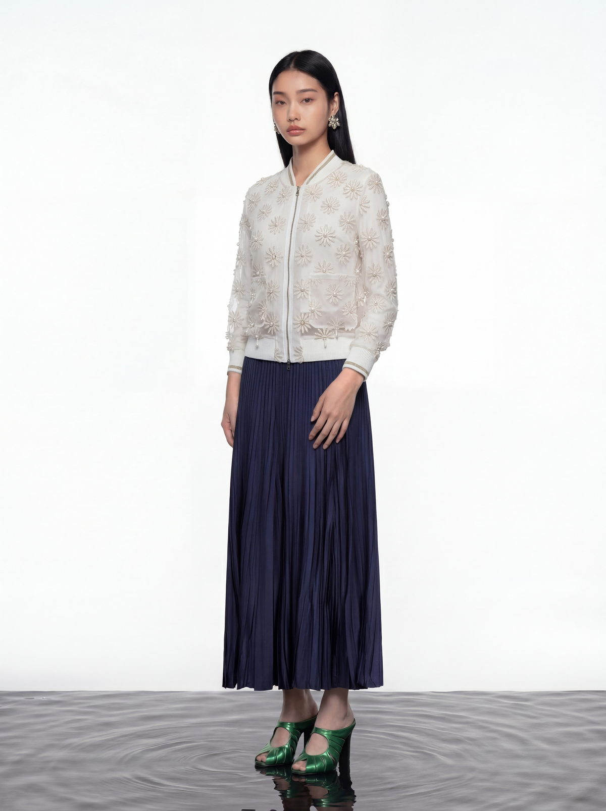 Ivory Daisy Sheer Pearl Bomber Jacket