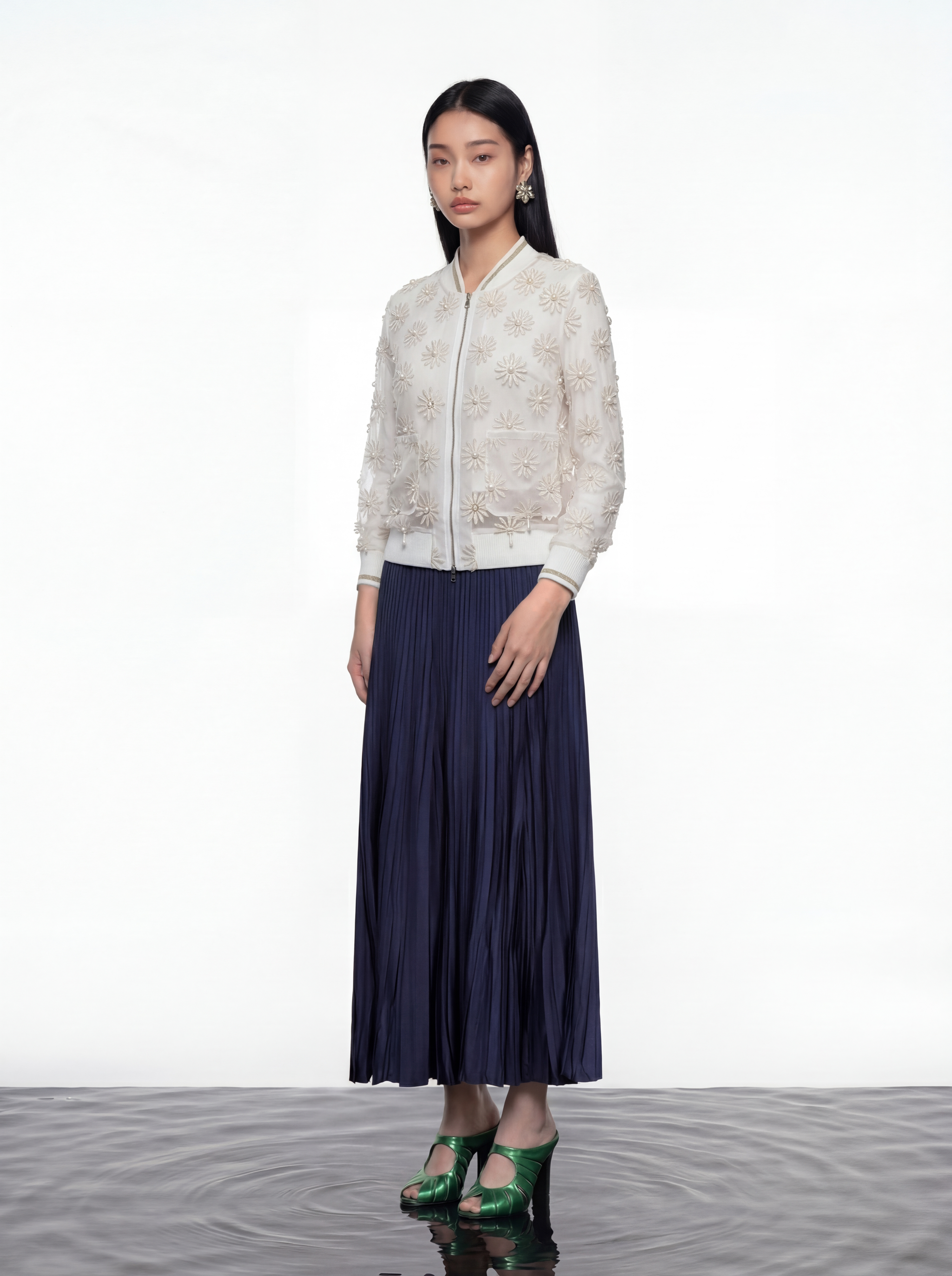 Ivory Daisy Sheer Bomber Jacket