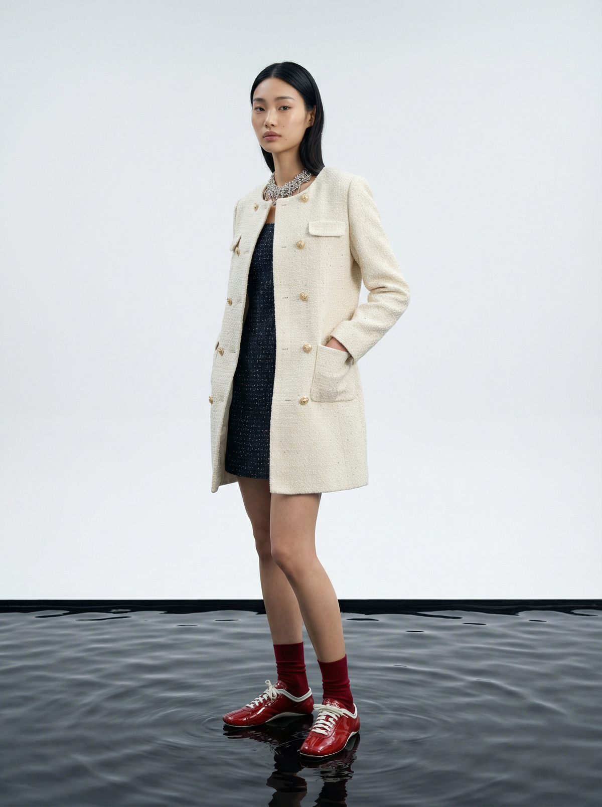 Crème Tresse Gold Button Coat