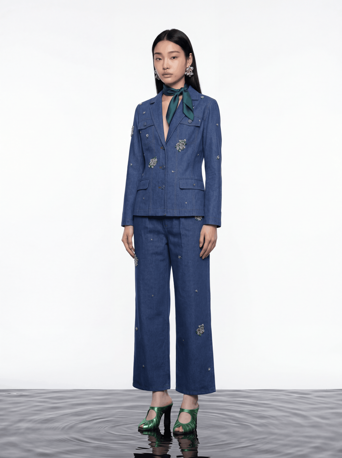 Indigo Bloom Embroidered Denim Blazer