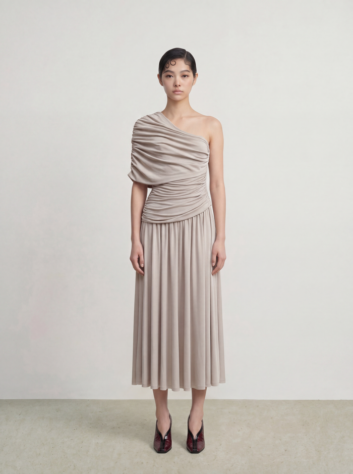 Taupe Drapé Asymmetry Dress