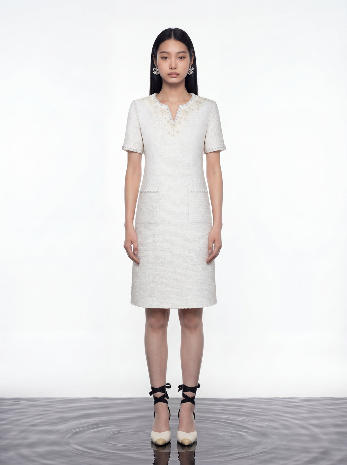 Ivory Elegance Embellished Tweed Dress