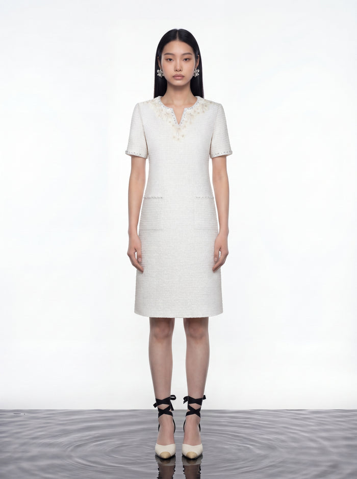 Ivory Elegance Embellished Tweed Dress