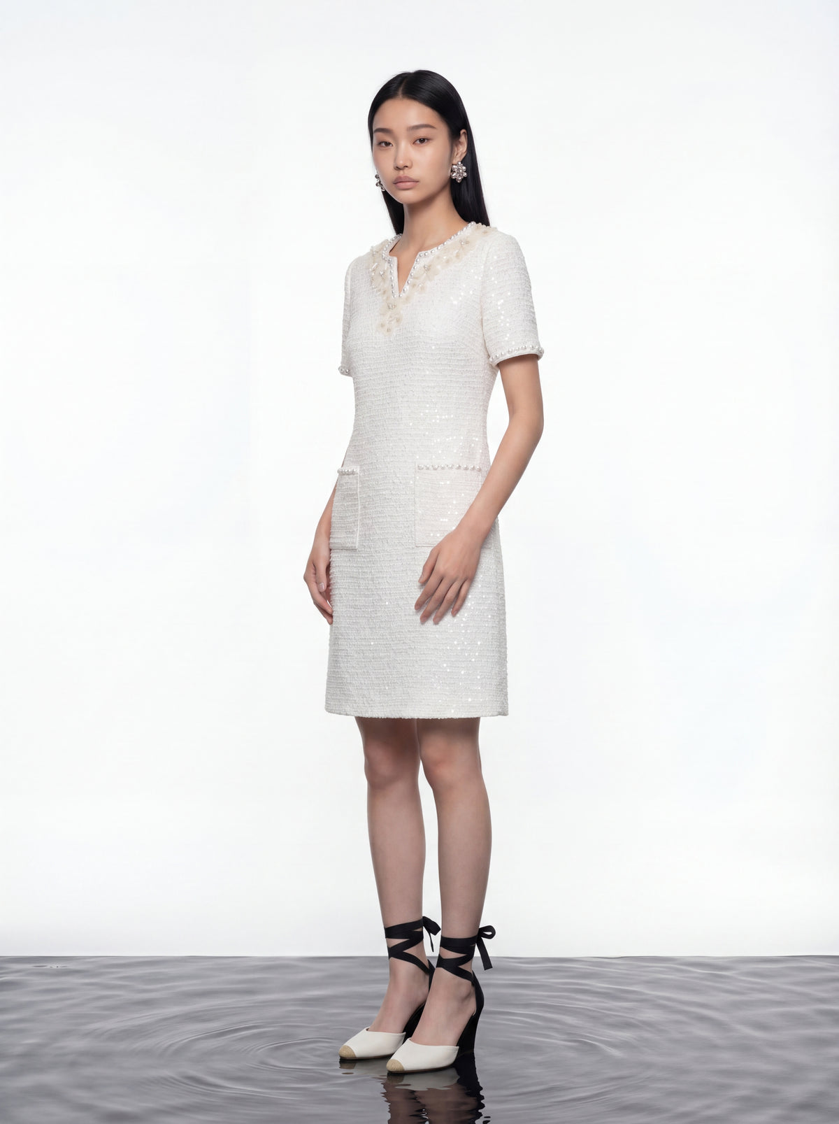 Ivory Elegance Embellished Tweed Dress