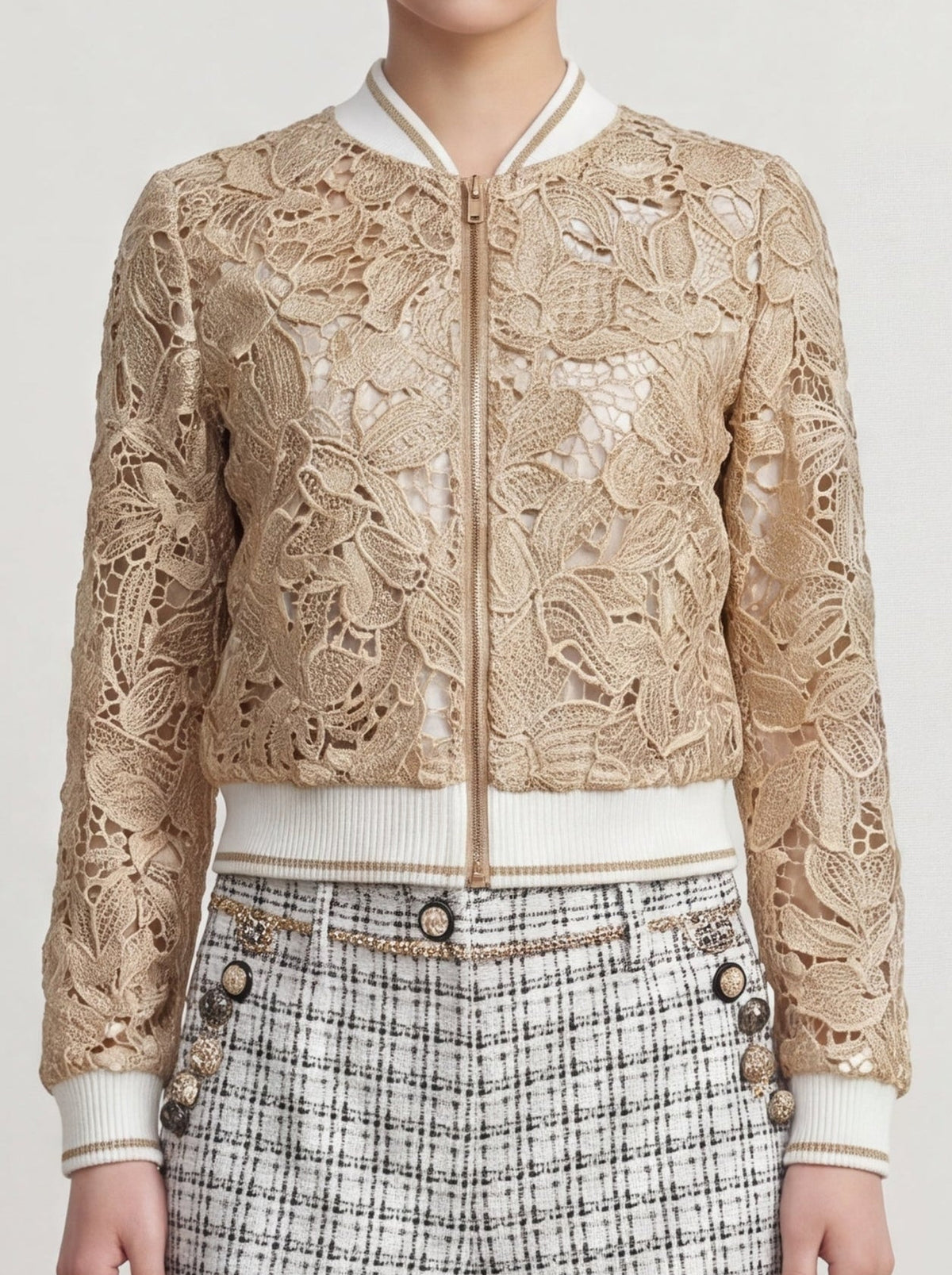 Beige Éclat Lace Bomber Jacket