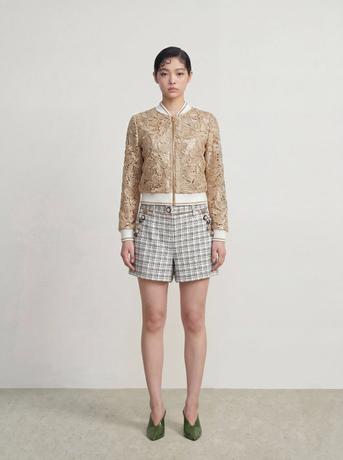 Beige Éclat Lace Bomber Jacket