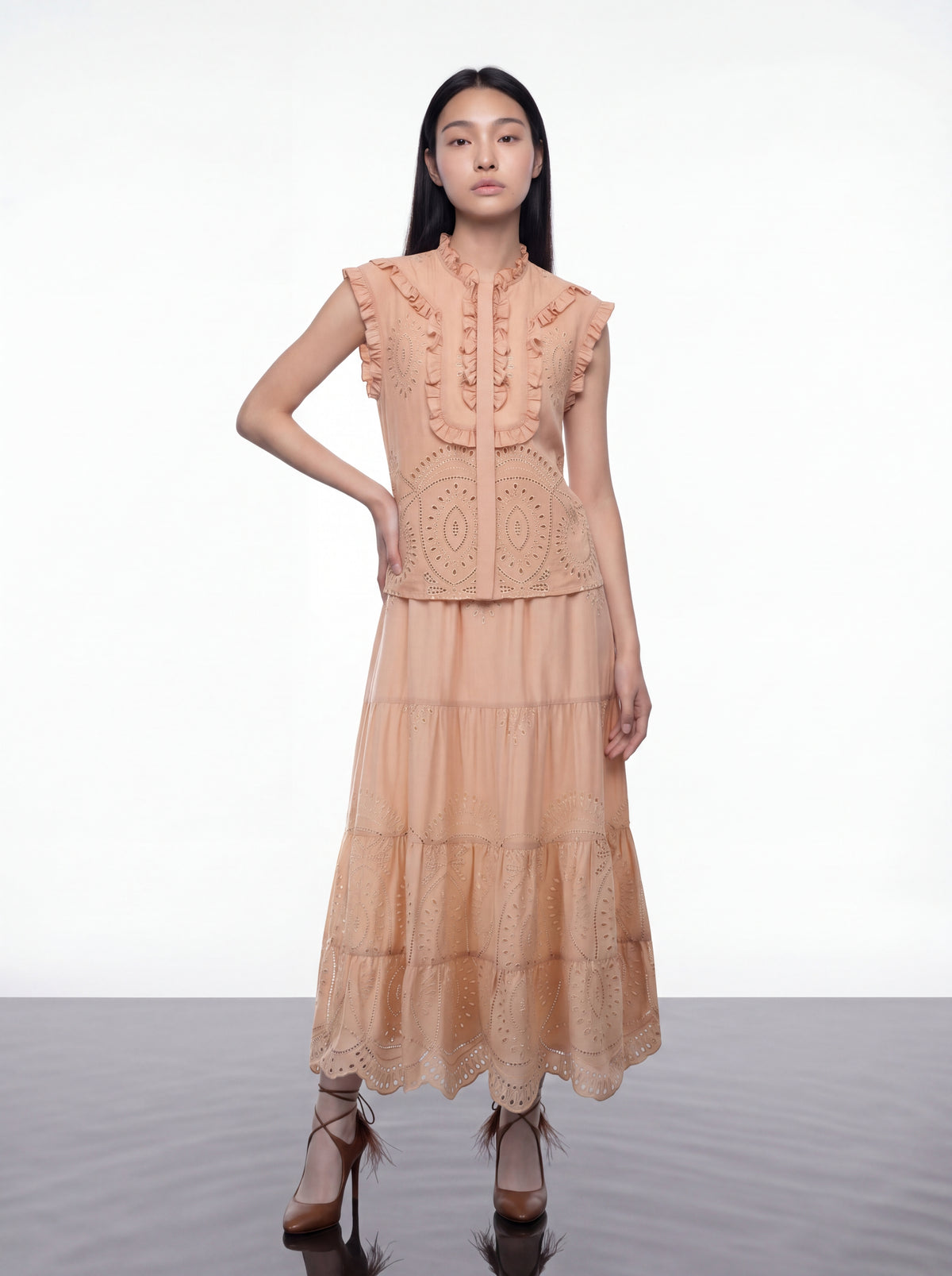 Peach Embroidered Tier Skirt