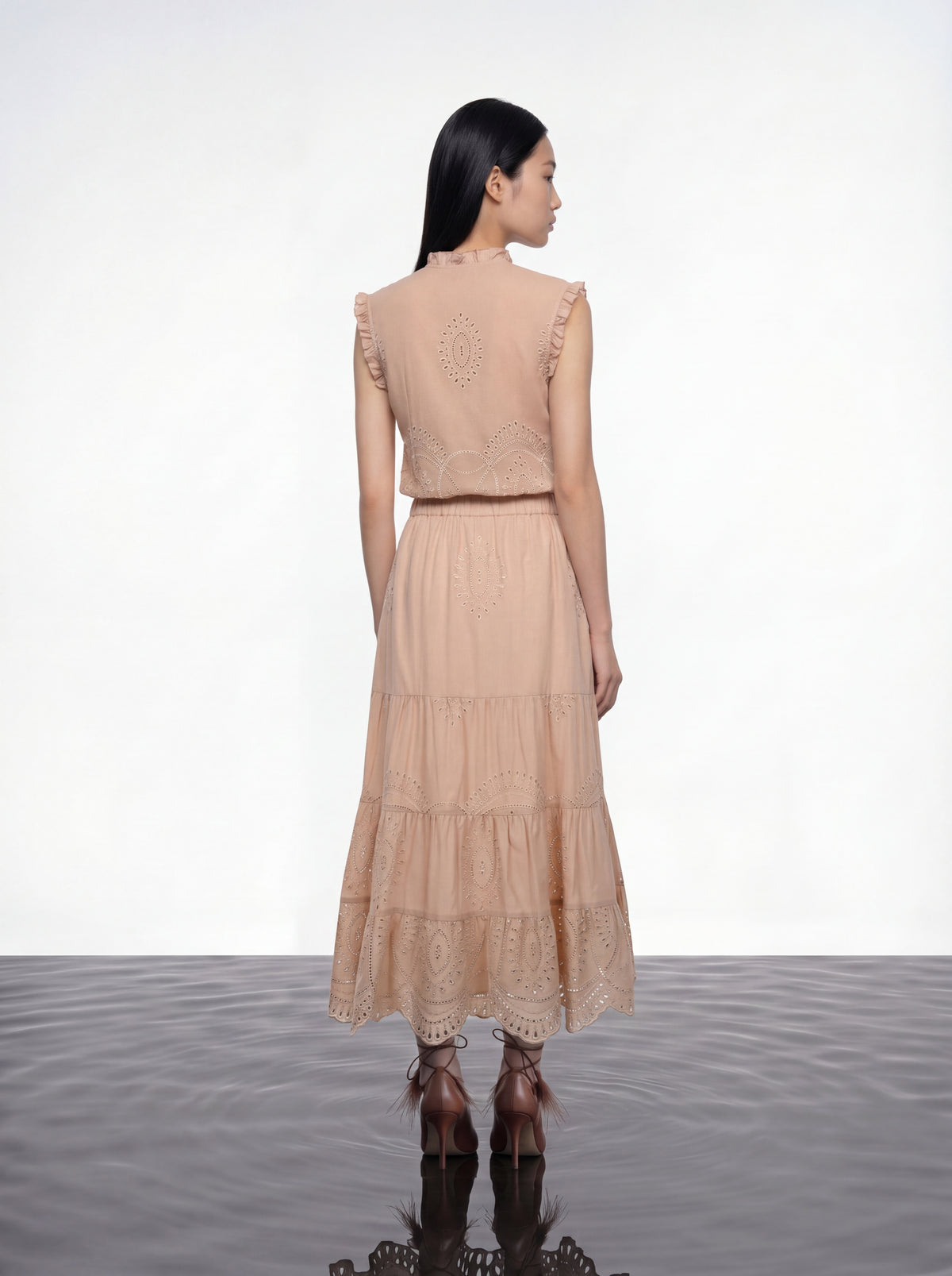 Peach Embroidered Tier Skirt