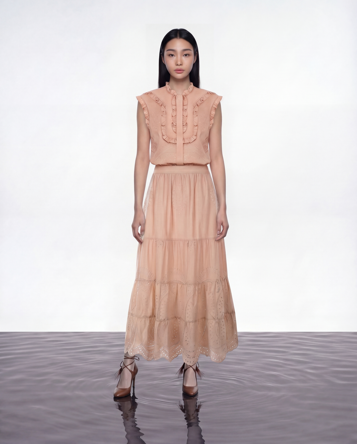 Peach Embroidered Tier Skirt