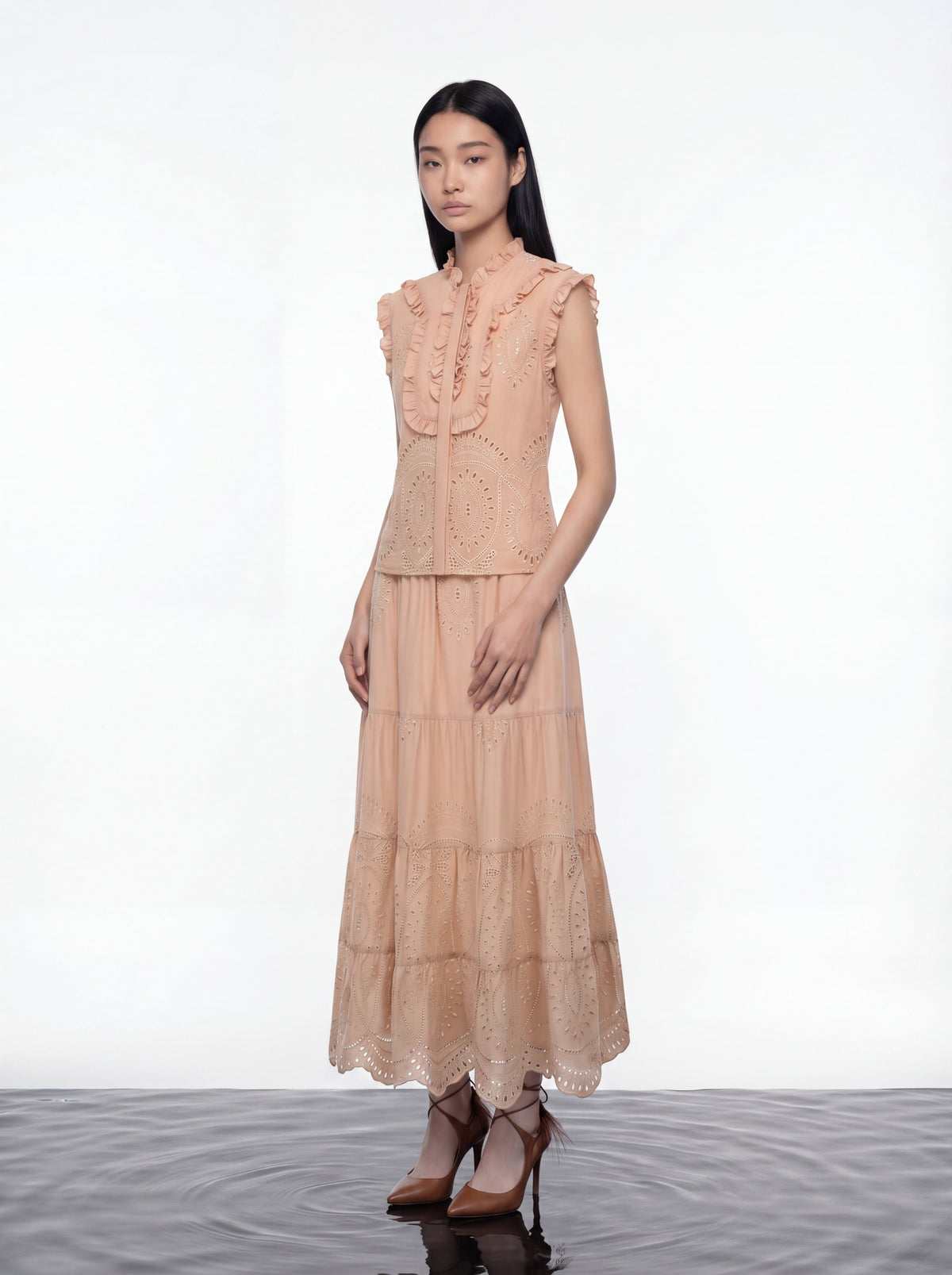 Peach Embroidered Tier Skirt