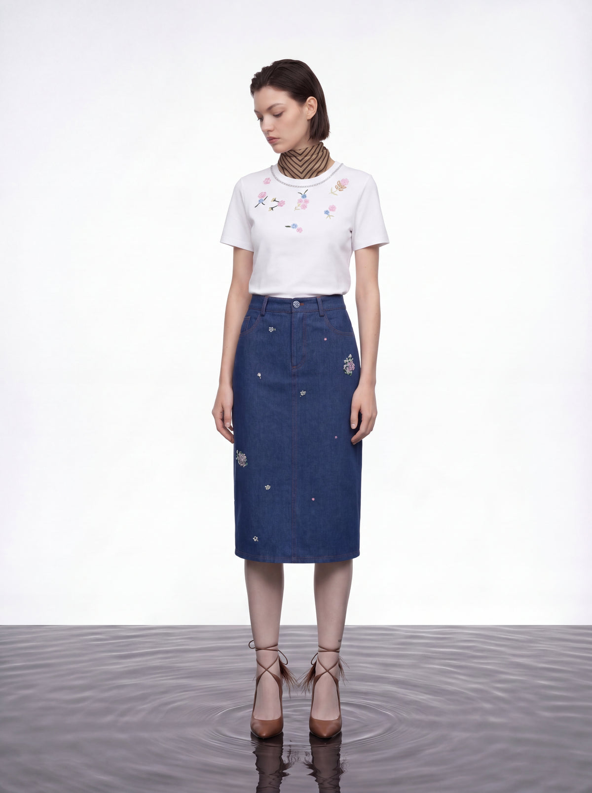 White Blossom Chain Embroidered Tee