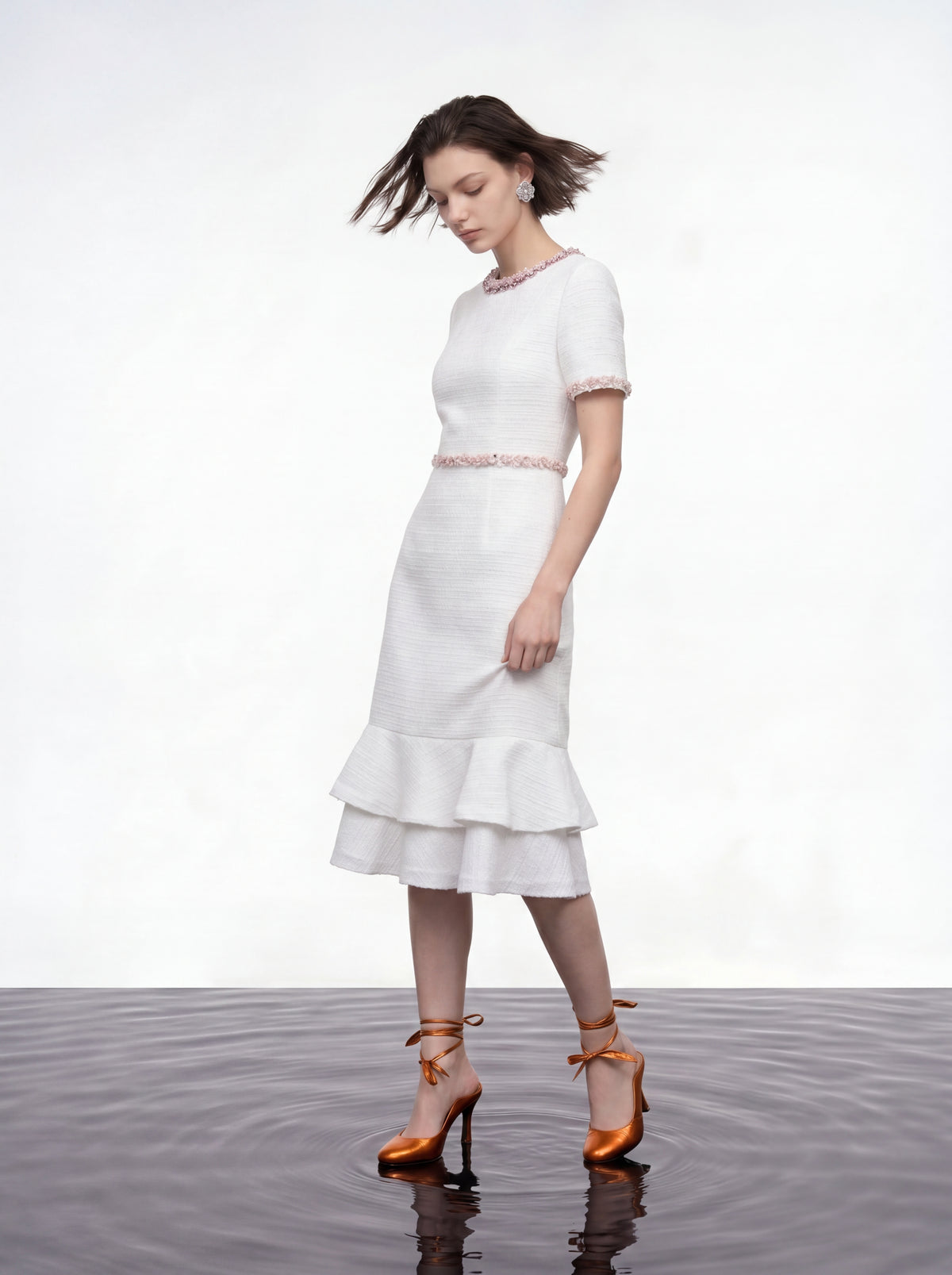 White Embellished Ruffle Dress