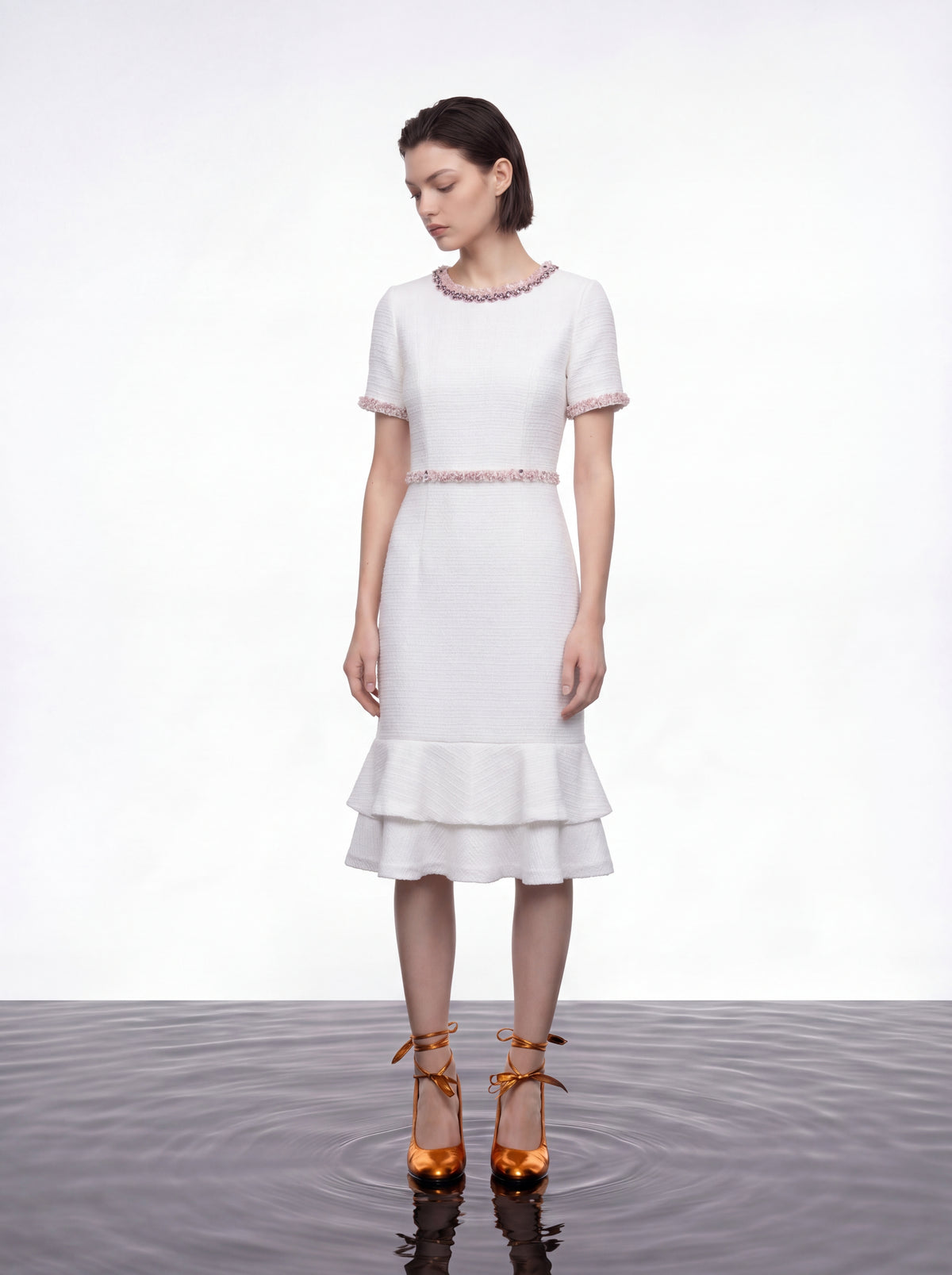 White Embellished Ruffle Dress
