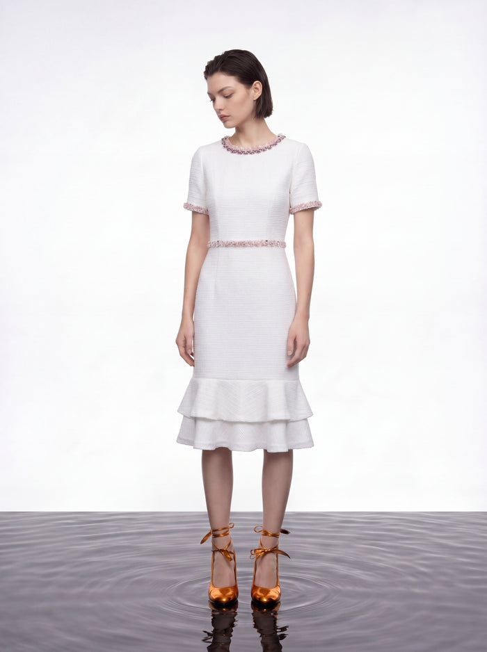 White Embellished Ruffle Dress