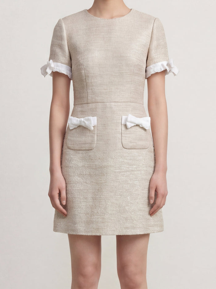 Champagne Éclat Bow‑Trim Dress