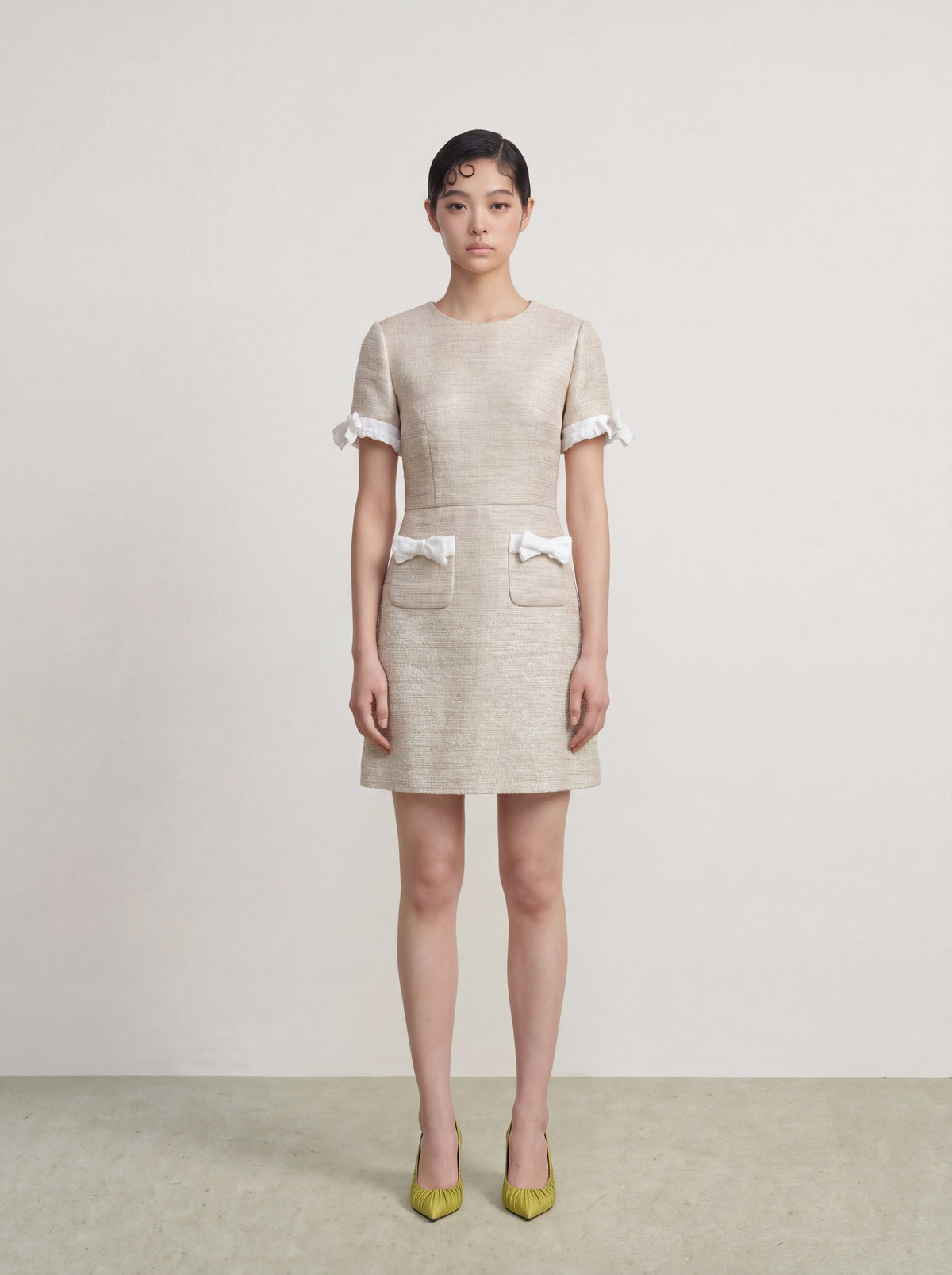 Champagne Éclat Bow‑Trim Dress