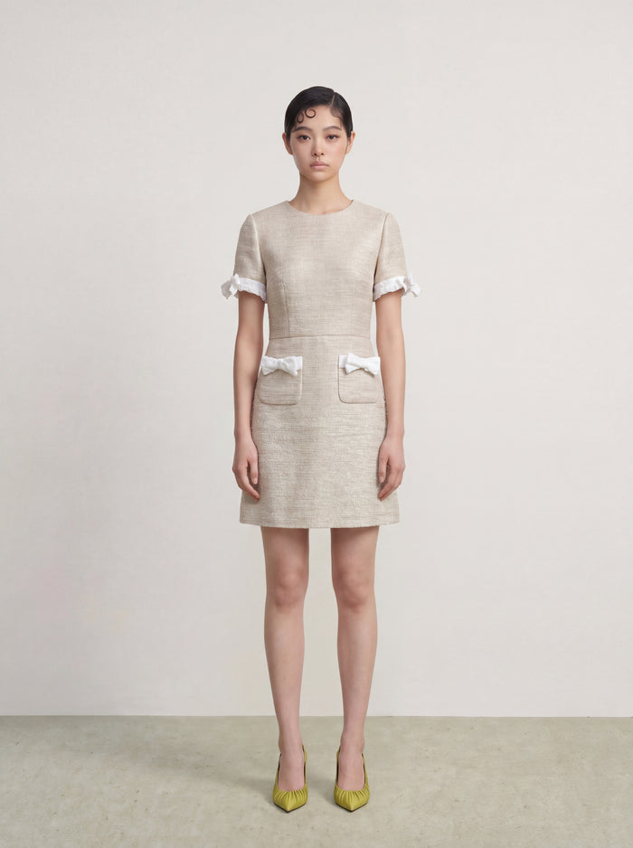 Champagne Éclat Bow‑Trim Dress