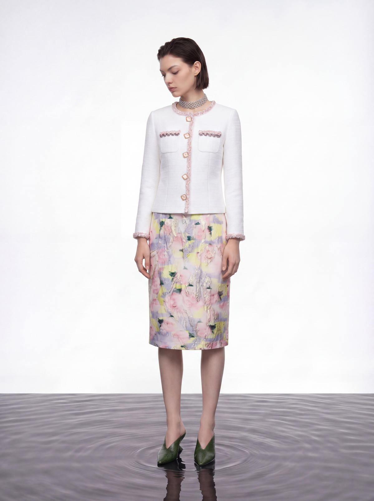 White Embellished Contrast Tweed Jacket