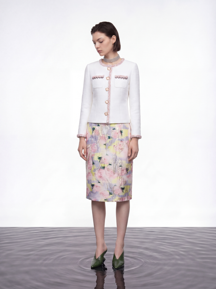White Embellished Contrast Tweed Jacket