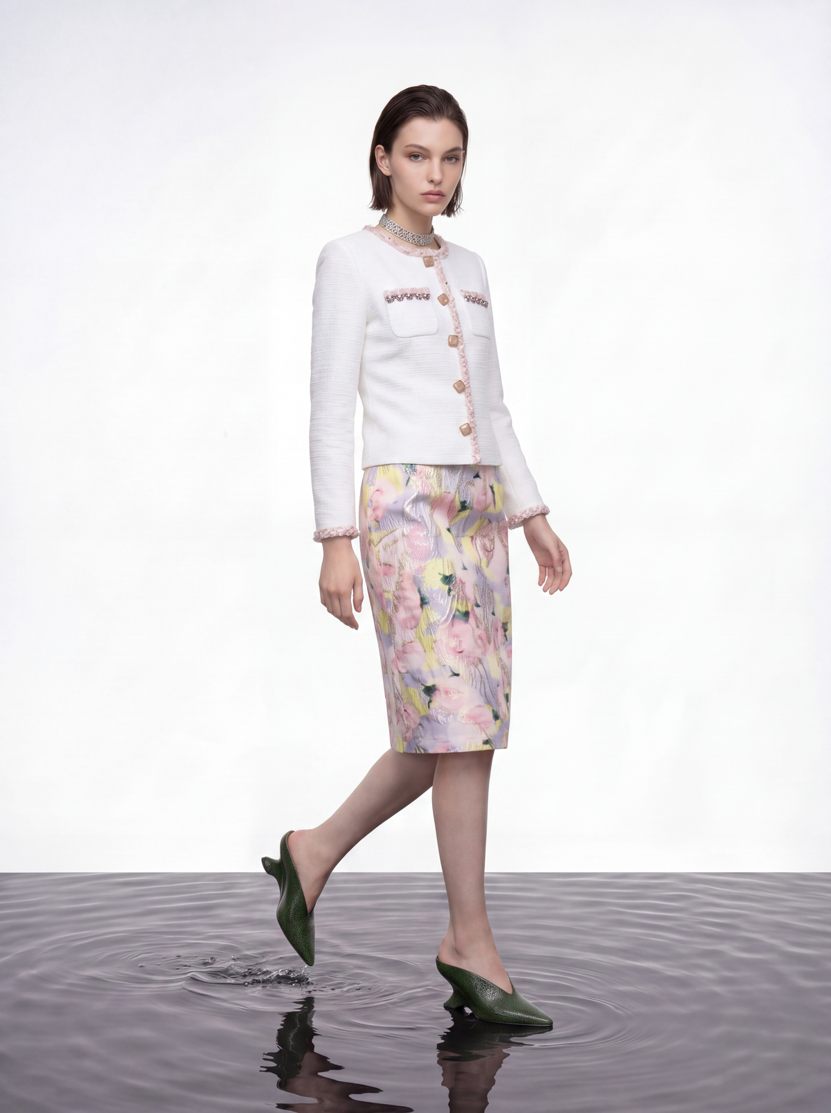White Embellished Contrast Tweed Jacket