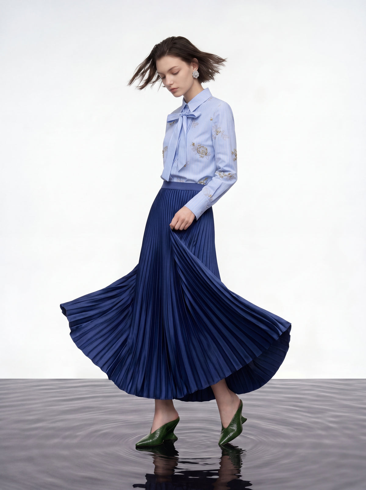 Silk Crepe Satin Pleated Skirt