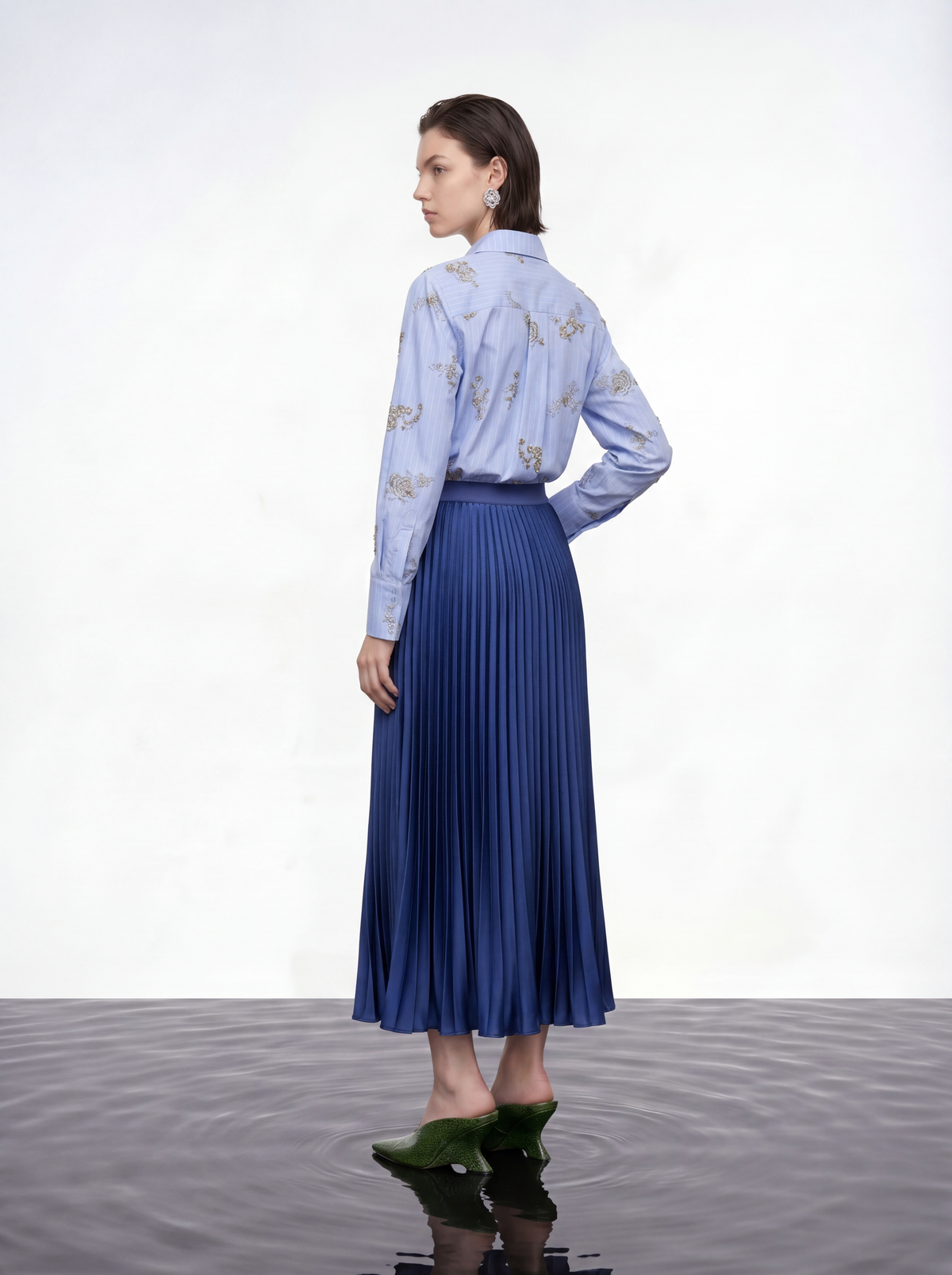 Silk Crepe Satin Pleated Skirt