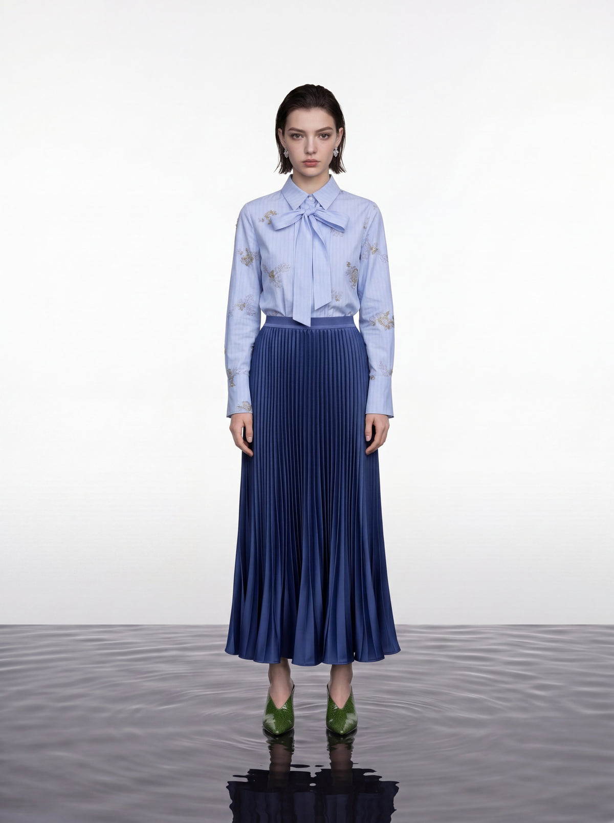 Silk Crepe Satin Pleated Skirt