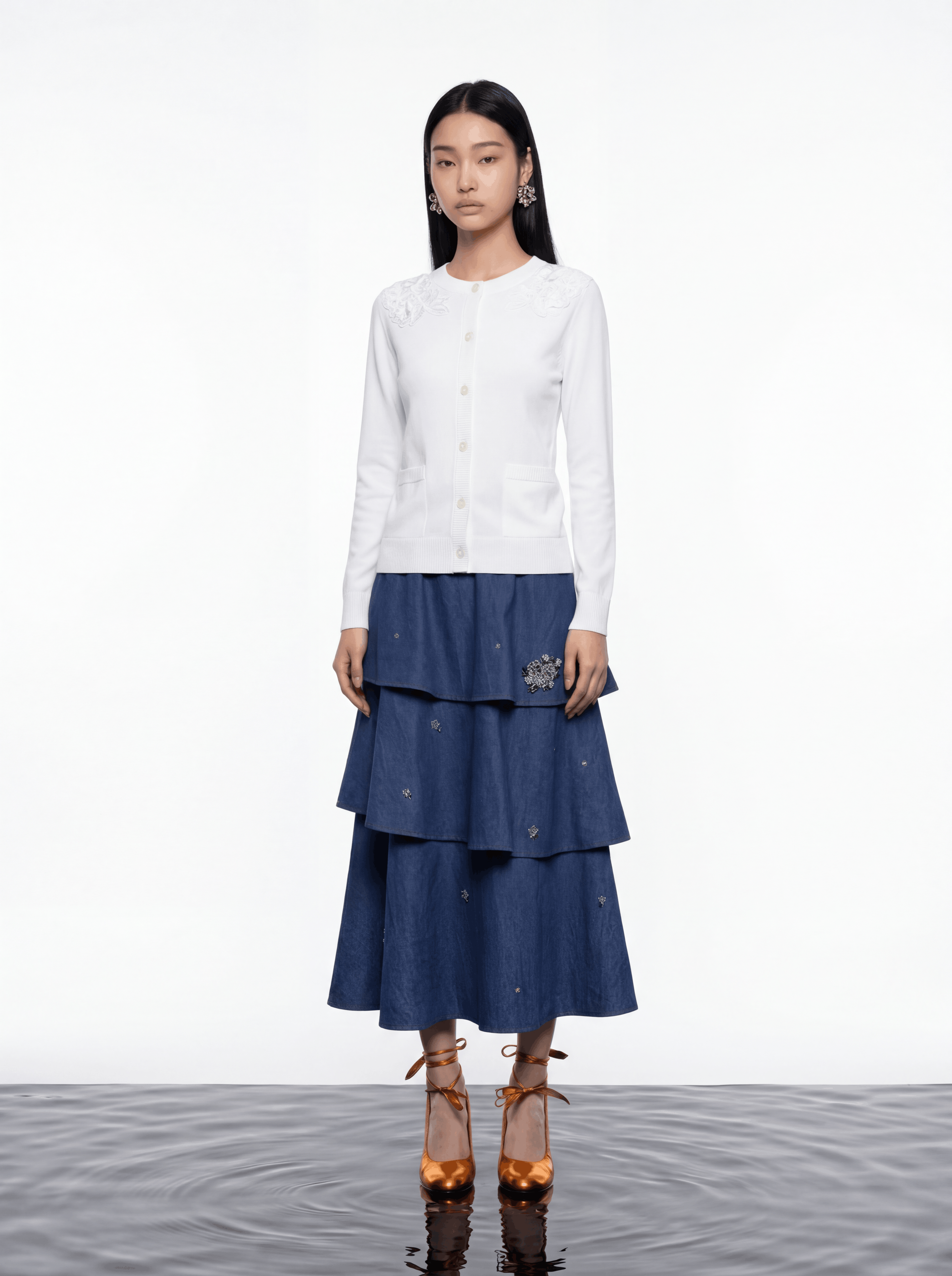 Indigo Bloom Layered Denim Skirt