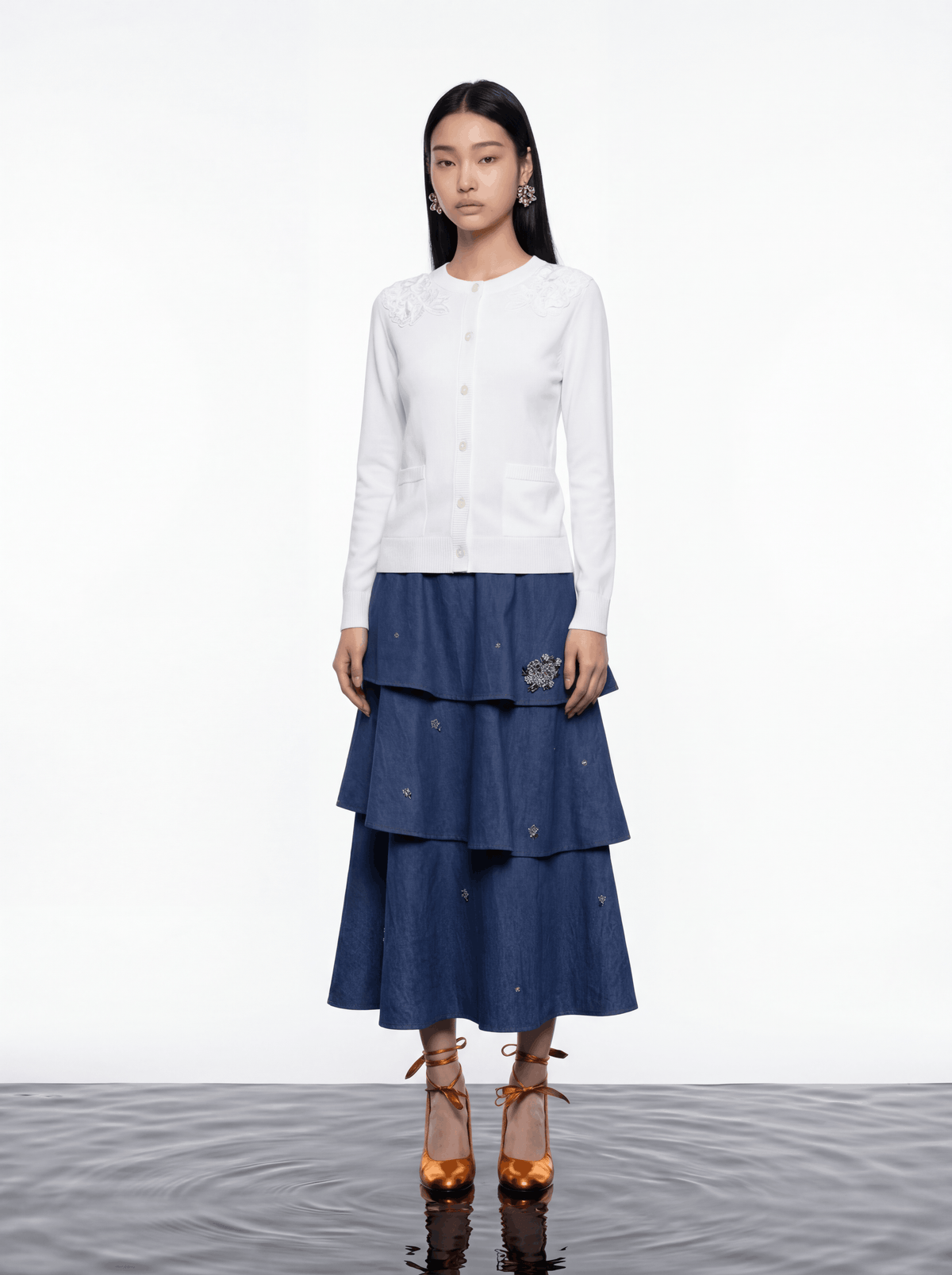 Indigo Bloom Layered Denim Skirt