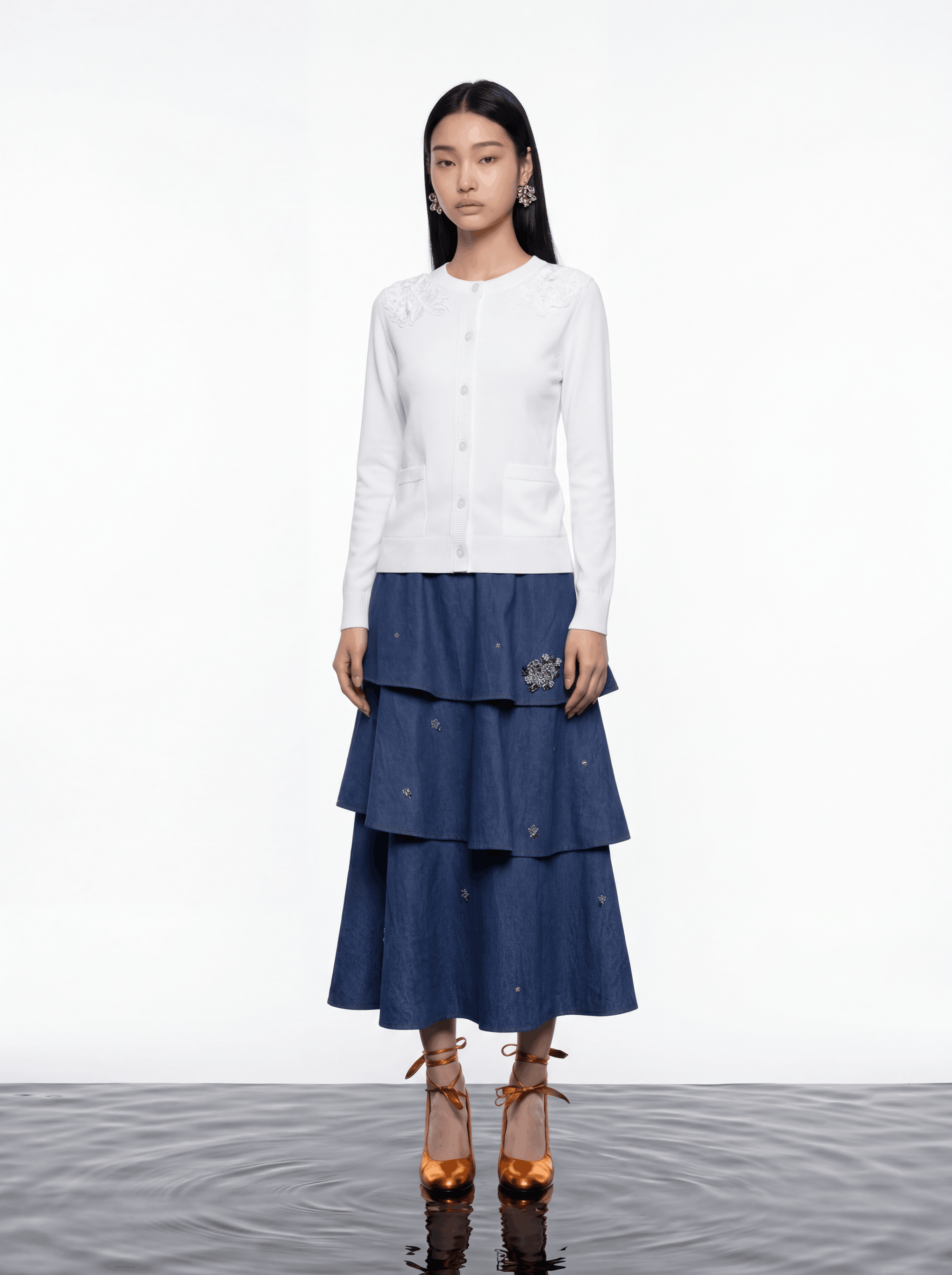 Indigo Bloom Layered Denim Skirt