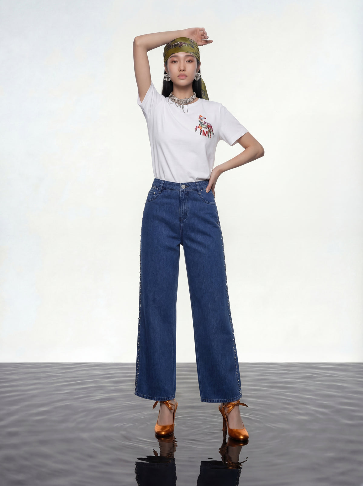 Embellished Side-Seam Denim Trousers