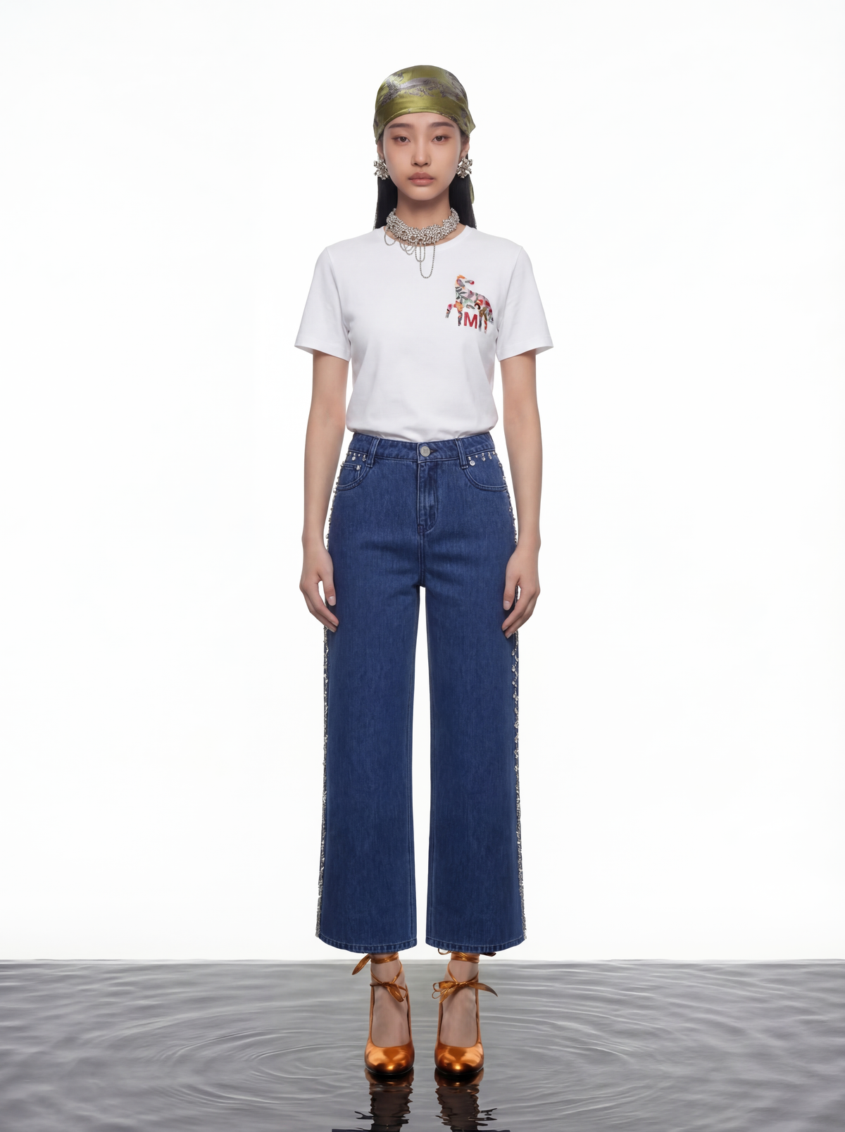 Embellished Side-Seam Denim Trousers