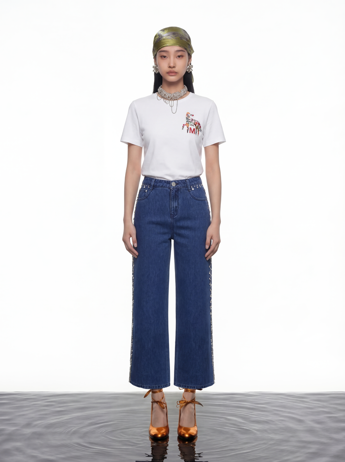 Embellished Side-Seam Denim Trousers