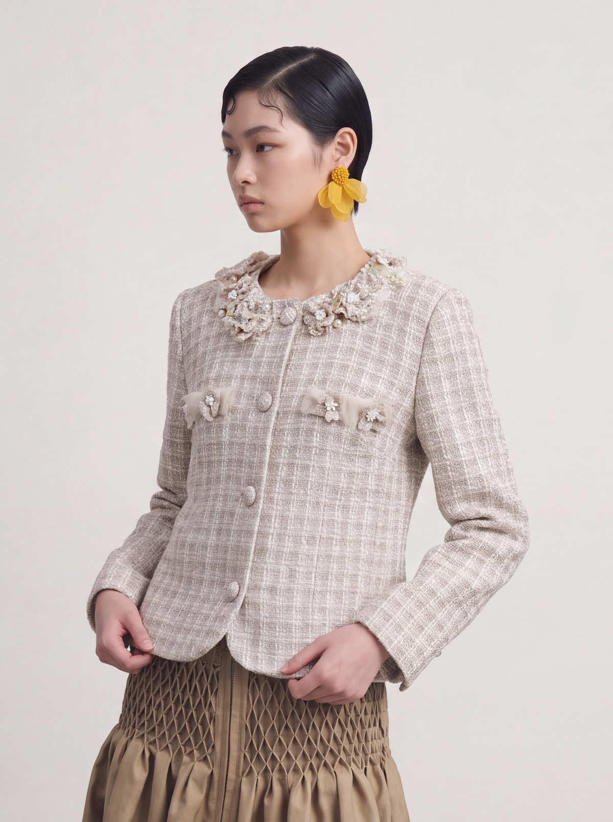 Beige Tweed Fleur Bijou Jacket