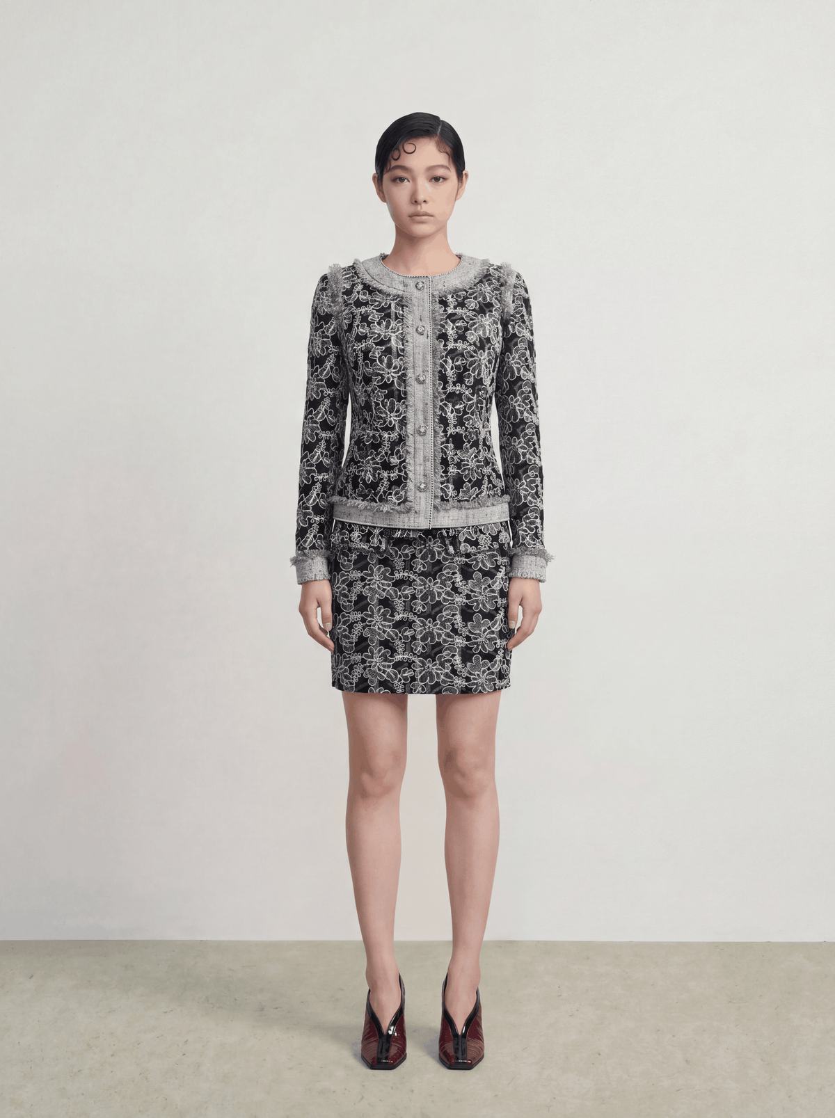 Noir Éclat Floral‑Textured Jacket