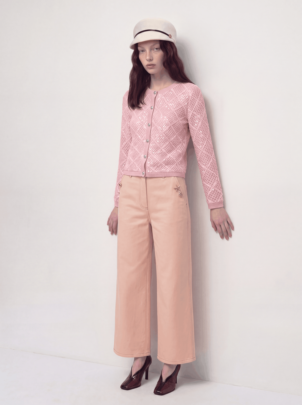 Rosé Checkered Orné Cardigan