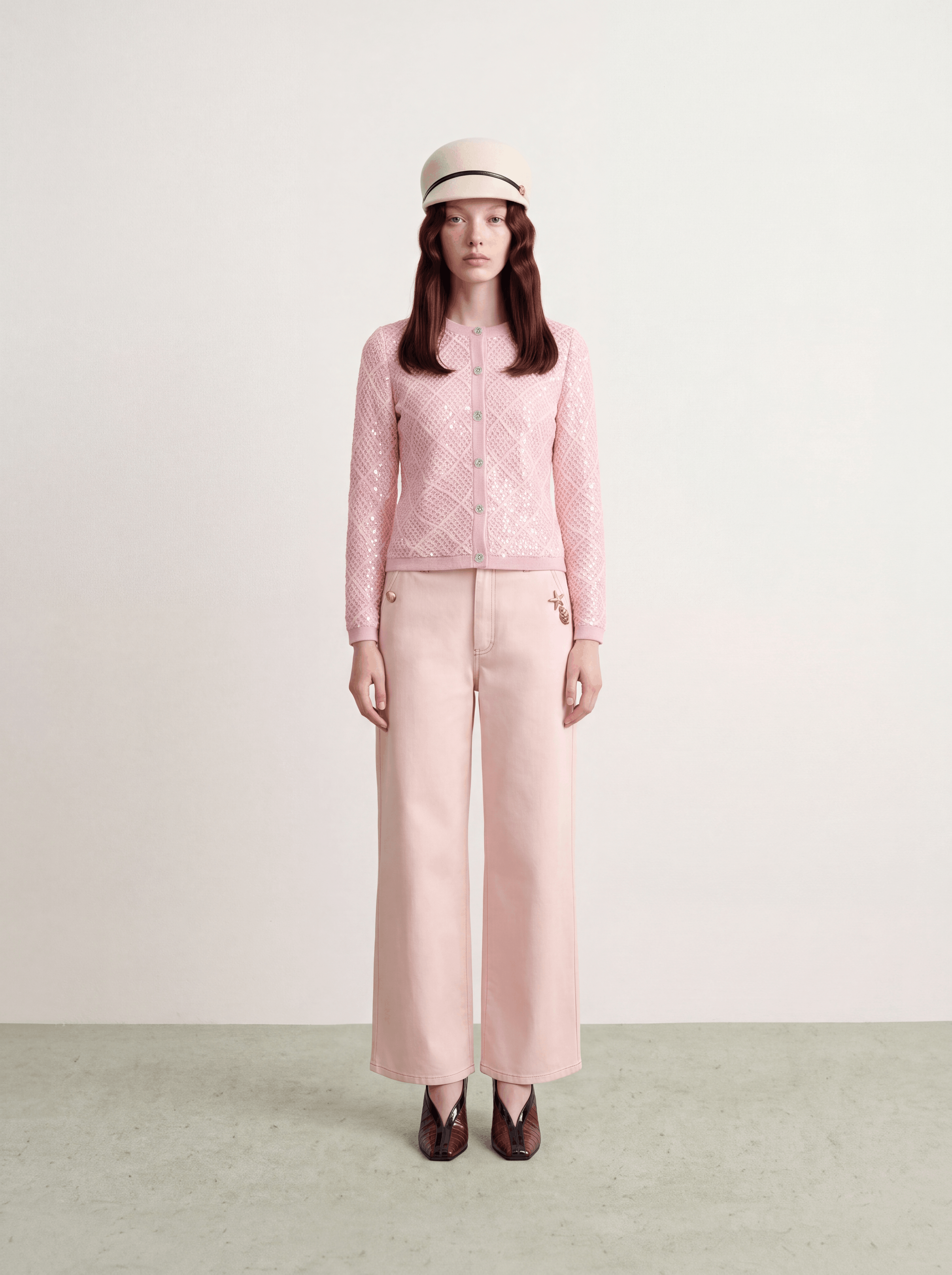 Rosé Checkered Orné Cardigan