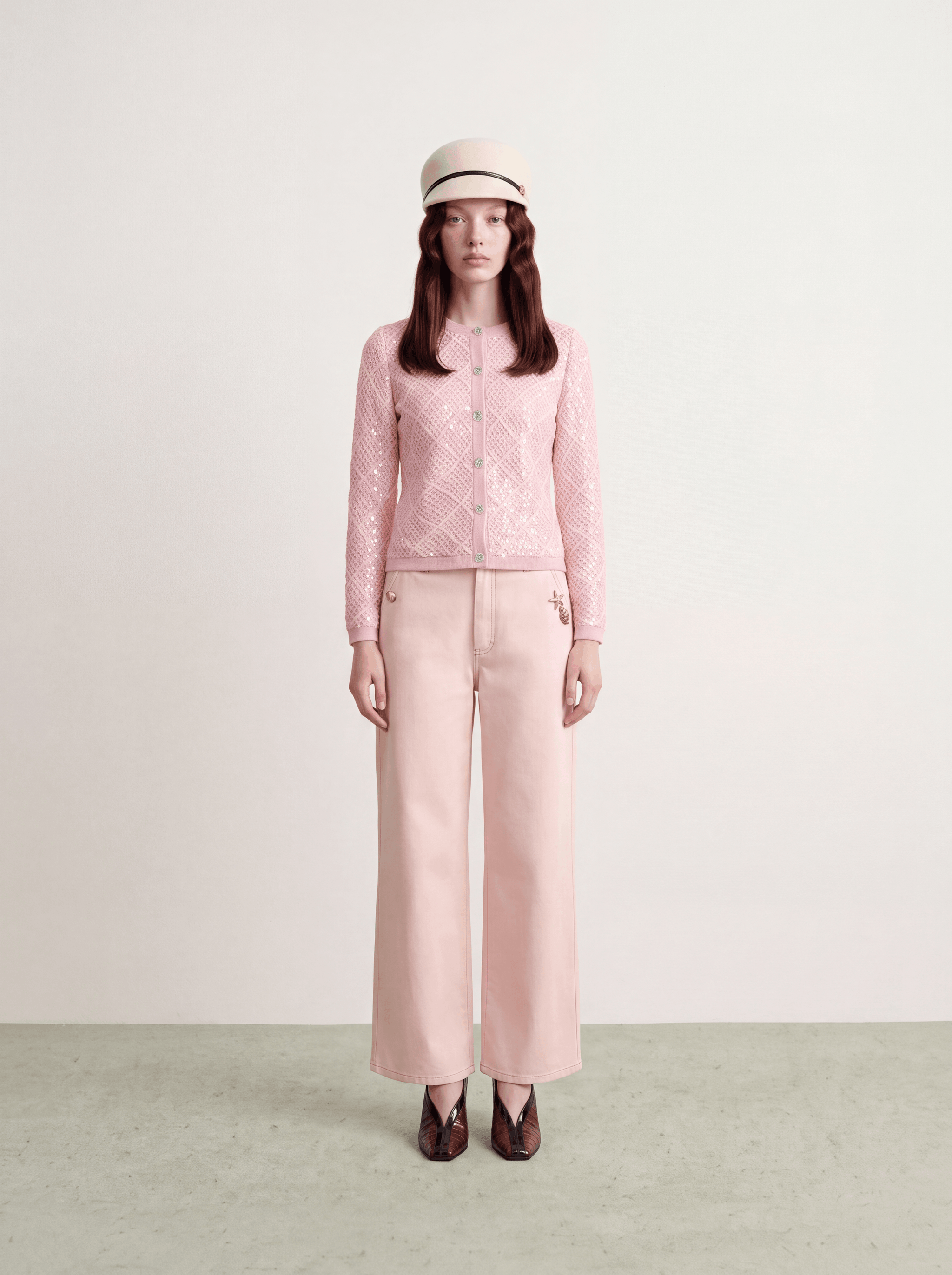 Rosé Checkered Orné Cardigan