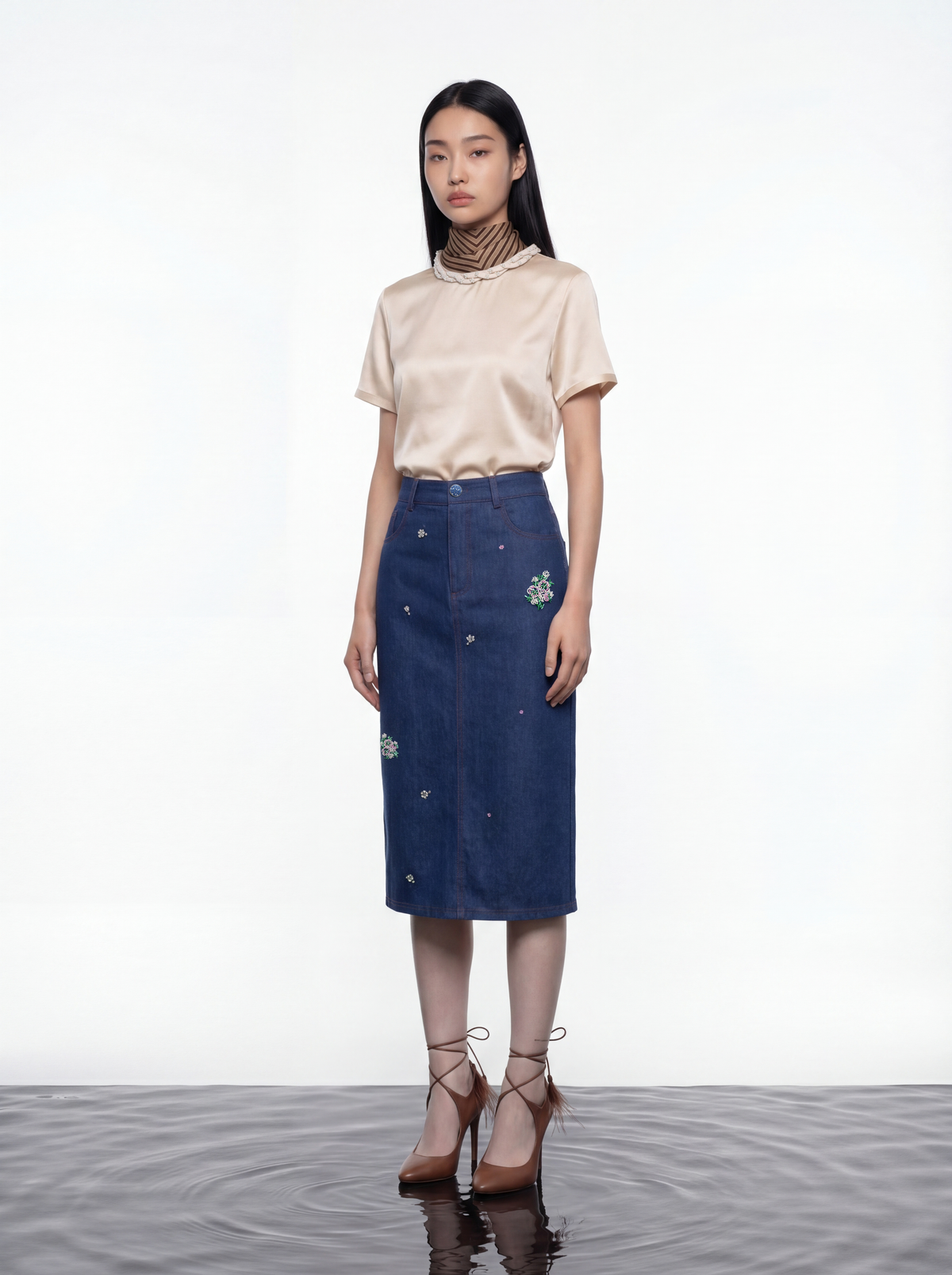 Silk Crepe Satin Embellished Blouse