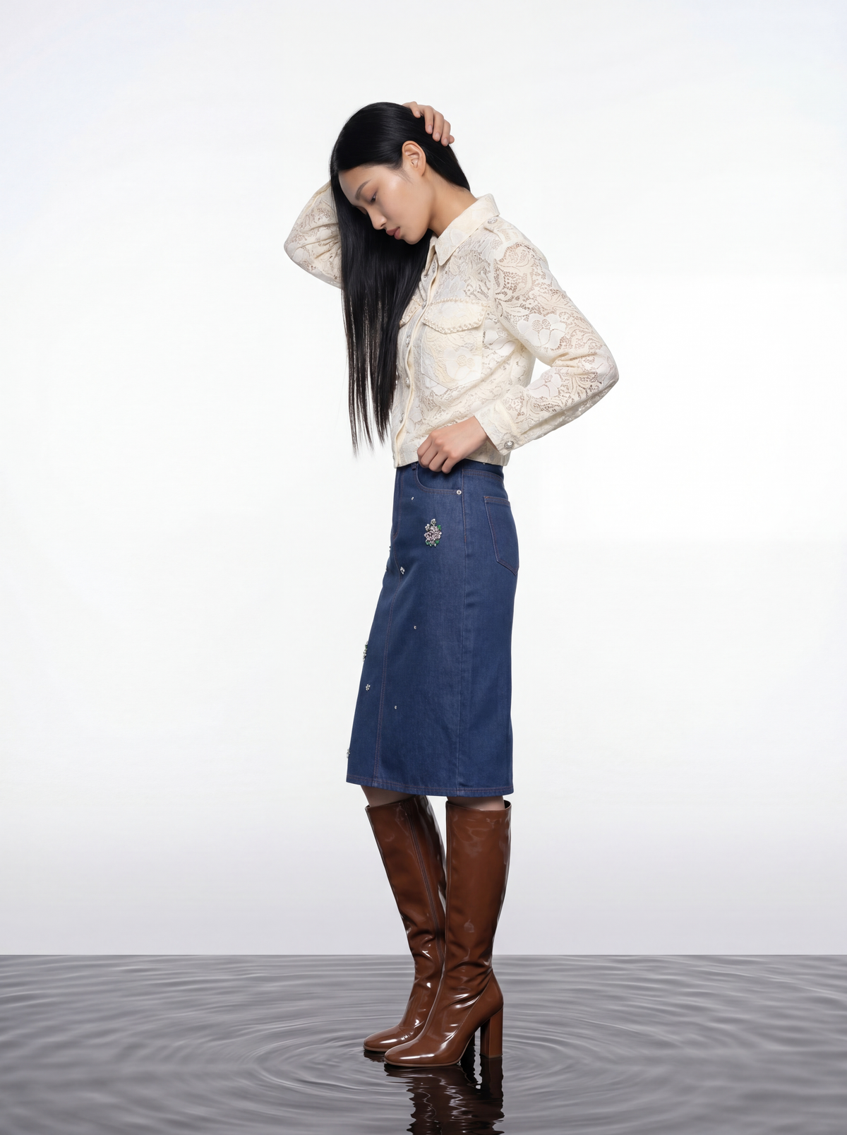 Indigo Bloom Denim Skirt