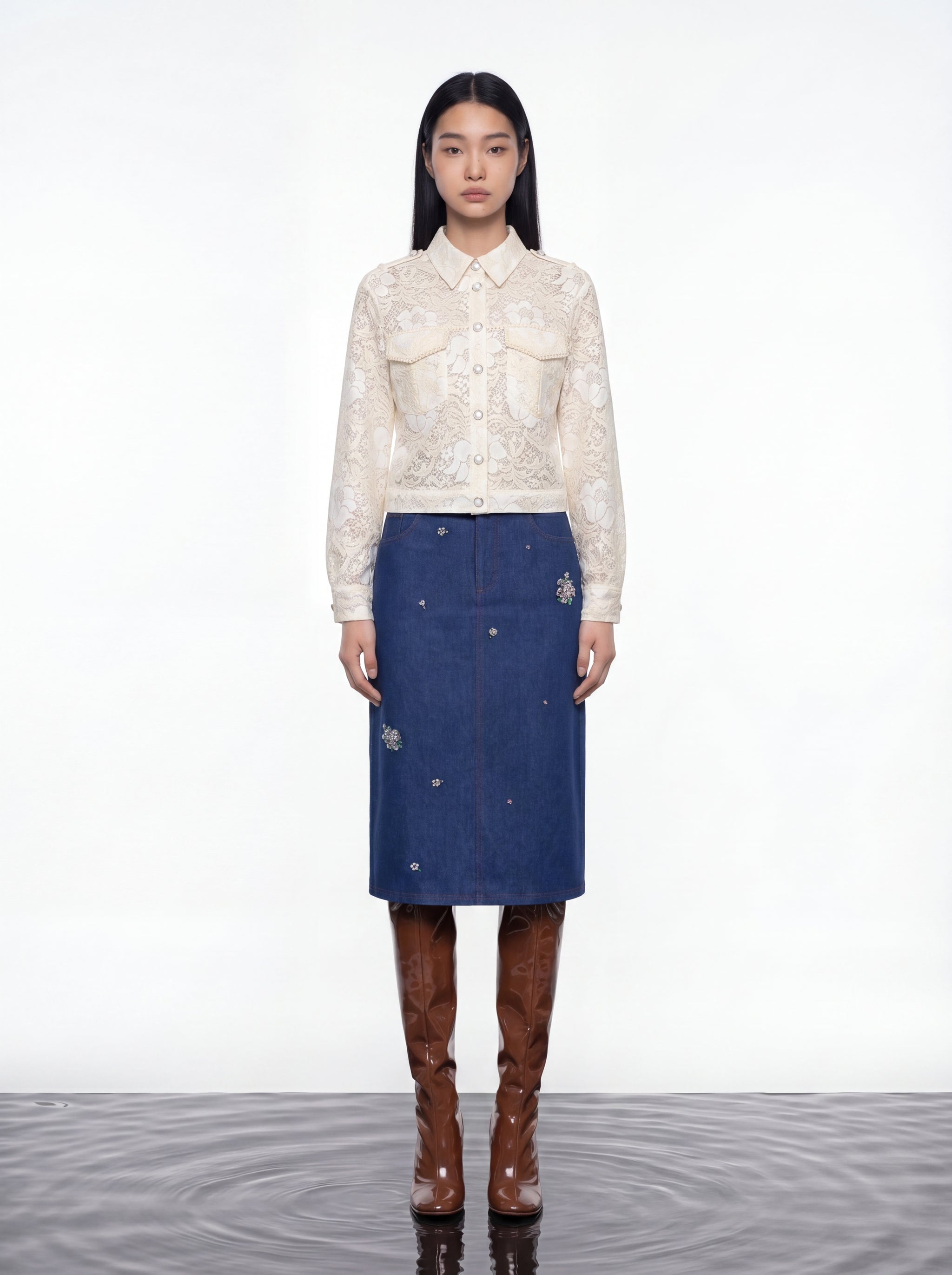 Indigo Bloom Denim Skirt