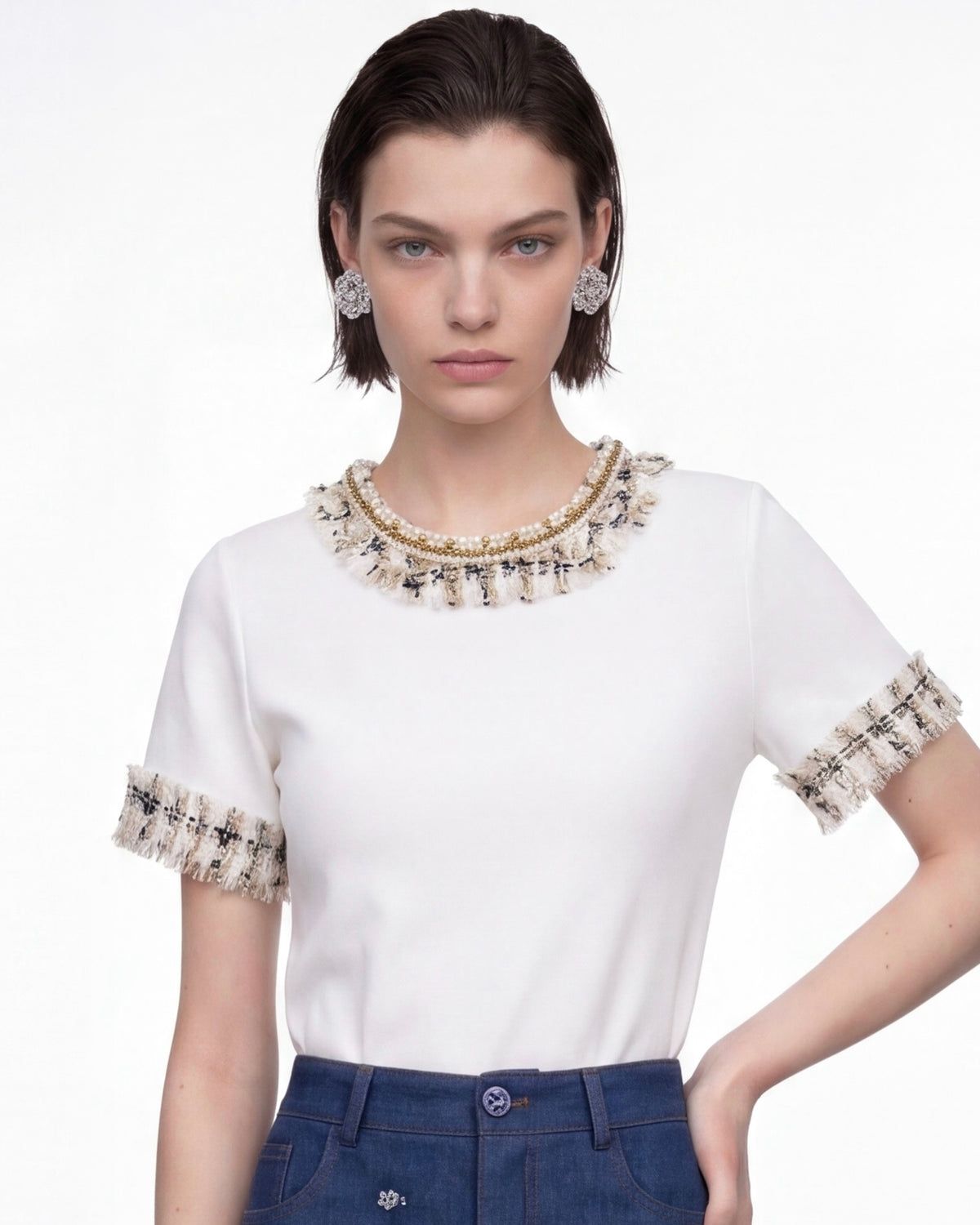 Tweed Fringe Embellished Tee