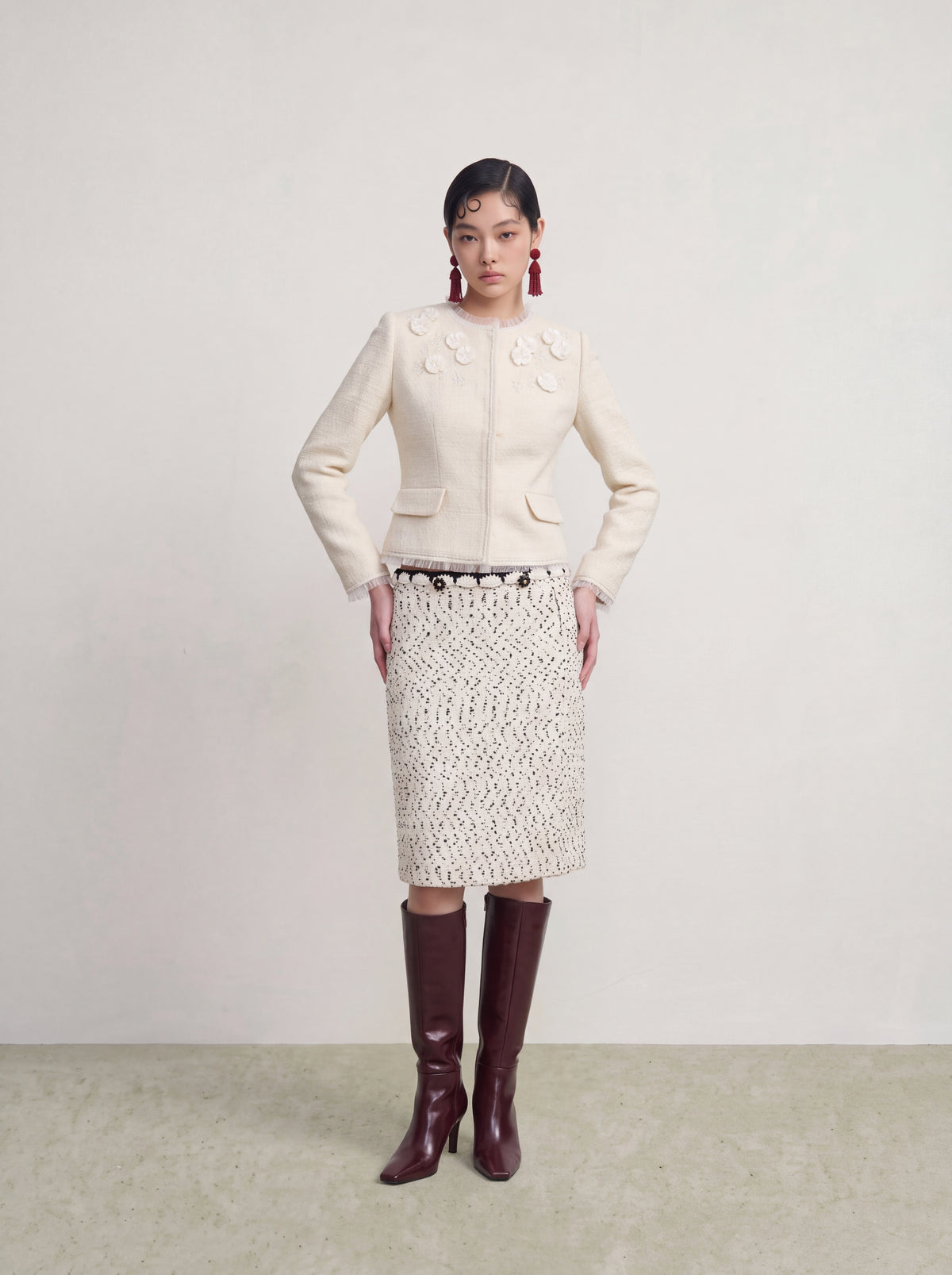 Blanc Tweed Polka Plissé Skirt