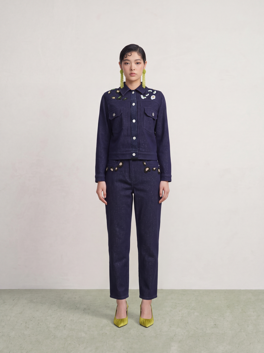 Bleu Denim Brodé Cristal Jacket