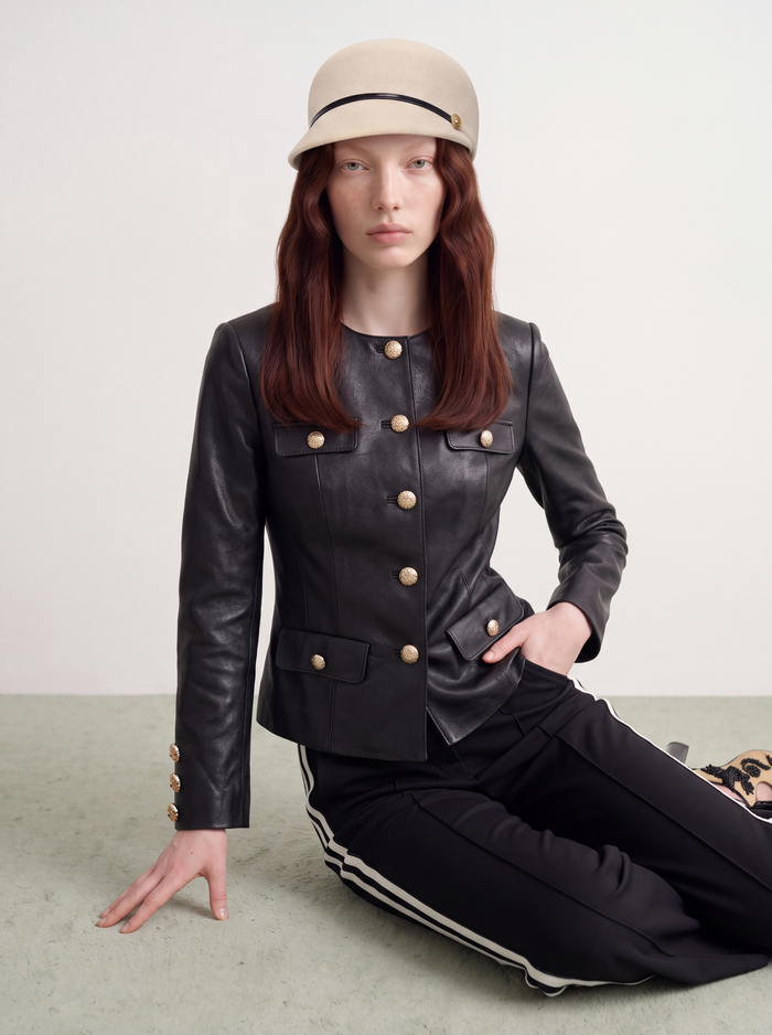 Noir Cuir Bouton Doré Jacket