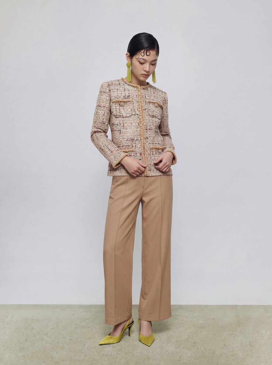 Beige Crêpe Plissé Trousers